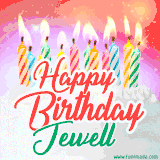 Bright birthday candles with rainbow flames on a cake, alongside the text 'Happy Birthday Jewell' in vibrant script in this celebratory animated GIF.