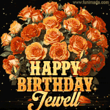 Animated bouquet of orange roses with moving butterfles and golden 'Happy Birthday Jewell' text, surrounded by sparkling accents and a dark backdrop for a luxurious feel.