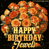 Animated bouquet of orange roses with moving butterfles and golden 'Happy Birthday Jewels' text, surrounded by sparkling accents and a dark backdrop for a luxurious feel.