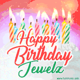 Bright birthday candles with rainbow flames on a cake, alongside the text 'Happy Birthday Jewelz' in vibrant script in this celebratory animated GIF.