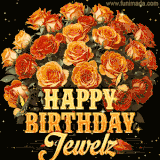 Animated bouquet of orange roses with moving butterfles and golden 'Happy Birthday Jewelz' text, surrounded by sparkling accents and a dark backdrop for a luxurious feel.