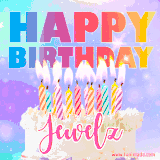 A vibrant animated name GIF with the words 'Happy Birthday Jewelz' with colorful candles on a creamy cake. The background sparkles with pastel shades, adding a festive touch.