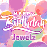 A vibrant name GIF featuring colorful balloons in shades of pink, orange, and yellow with the bold text 'Happy Birthday Jewelz' in festive fonts, creating a lively birthday vibe.