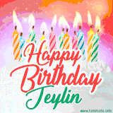 Bright birthday candles with rainbow flames on a cake, alongside the text 'Happy Birthday Jeylin' in vibrant script in this celebratory animated GIF.