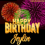 A golden 'Happy Birthday Jeylin' message with vibrant fireworks in the background, creating a festive and celebratory vibe in this animated name GIF.