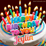 A colorful birthday cake topped with lit candles, with the words 'Happy Birthday Jeylin' in bold glowing letters on a burgundy background. Animated flames add a festive touch.