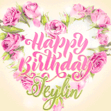A stunning heart made of pink roses surrounds the elegant script text 'Happy Birthday Jeylin' on a soft beige background. Animated sparkles add a magical and festive feel.