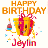 A vibrant and funny gift box character with a happy face dancing with a cupcake and the text 'Happy Birthday Jeylin,' surrounded by animated confetti and party vibes.