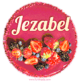 Beautifully decorated red velvet berry birthday cake with vibrant fruits and a glowing 'Jezabel' name, adding a touch of sweetness and sparkle.