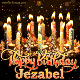 A glowing personalized birthday GIF with name Jezabel featuring lit candles with intricate designs, warm lighting, and the text 'Happy Birthday' in an elegant font.