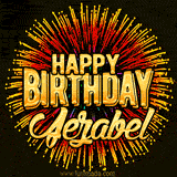 Golden 'Happy Birthday Jezabel' text accompanied by animated rainbow fireworks for a festive animated greeting.