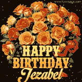 Animated bouquet of orange roses with moving butterfles and golden 'Happy Birthday Jezabel' text, surrounded by sparkling accents and a dark backdrop for a luxurious feel.