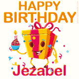 A vibrant and funny gift box character with a happy face dancing with a cupcake and the text 'Happy Birthday Jezabel,' surrounded by animated confetti and party vibes.