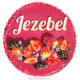 Beautifully decorated red velvet berry birthday cake with vibrant fruits and a glowing 'Jezebel' name, adding a touch of sweetness and sparkle.