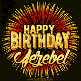 Golden 'Happy Birthday Jezebel' text accompanied by animated rainbow fireworks for a festive animated greeting.