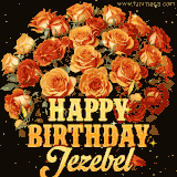 Animated bouquet of orange roses with moving butterfles and golden 'Happy Birthday Jezebel' text, surrounded by sparkling accents and a dark backdrop for a luxurious feel.