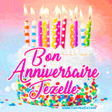 A white birthday cake covered in colorful sprinkles, topped with bright candles, and French text 'Bon Anniversaire Jezelle' on a pastel gradient background in an animated GIF.