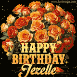 Animated bouquet of orange roses with moving butterfles and golden 'Happy Birthday Jezelle' text, surrounded by sparkling accents and a dark backdrop for a luxurious feel.