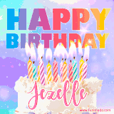 A vibrant animated name GIF with the words 'Happy Birthday Jezelle' with colorful candles on a creamy cake. The background sparkles with pastel shades, adding a festive touch.