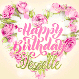 A stunning heart made of pink roses surrounds the elegant script text 'Happy Birthday Jezelle' on a soft beige background. Animated sparkles add a magical and festive feel.
