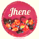 Beautifully decorated red velvet berry birthday cake with vibrant fruits and a glowing 'Jhene' name, adding a touch of sweetness and sparkle.