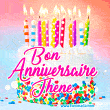 A white birthday cake covered in colorful sprinkles, topped with bright candles, and French text 'Bon Anniversaire Jhene' on a pastel gradient background in an animated GIF.