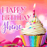 A vibrant birthday GIF featuring a rainbow-colored cupcake topped with white frosting, sprinkles, and a lit candle. The text reads 'Happy Birthday Jhene' in bold pink and violet letters with white outline.