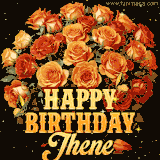 Animated bouquet of orange roses with moving butterfles and golden 'Happy Birthday Jhene' text, surrounded by sparkling accents and a dark backdrop for a luxurious feel.