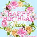 A charming animated GIF featuring 'Happy Birthday Jhene' in pink and green text, surrounded by delicate roses, leaves, and fluttering butterflies on a soft light blue pastel background.