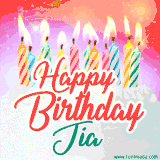 Bright birthday candles with rainbow flames on a cake, alongside the text 'Happy Birthday Jia' in vibrant script in this celebratory animated GIF.