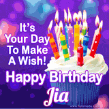 A colorful birthday GIF for Jia featuring a cupcake with vibrant lit candles and the text 'It's Your Day to Make a Wish! Happy Birthday Jia' in bold letters on a festive purple background.