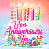 A white birthday cake covered in colorful sprinkles, topped with bright candles, and French text 'Bon Anniversaire Jia' on a pastel gradient background in an animated GIF.