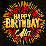 Golden 'Happy Birthday Jia' text accompanied by animated rainbow fireworks for a festive animated greeting.