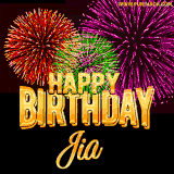 A golden 'Happy Birthday Jia' message with vibrant fireworks in the background, creating a festive and celebratory vibe in this animated name GIF.