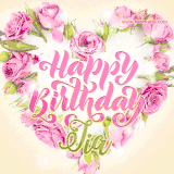 A stunning heart made of pink roses surrounds the elegant script text 'Happy Birthday Jia' on a soft beige background. Animated sparkles add a magical and festive feel.
