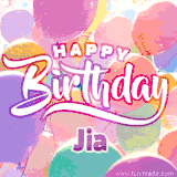 A vibrant name GIF featuring colorful balloons in shades of pink, orange, and yellow with the bold text 'Happy Birthday Jia' in festive fonts, creating a lively birthday vibe.