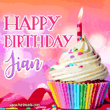 A vibrant birthday GIF featuring a rainbow-colored cupcake topped with white frosting, sprinkles, and a lit candle. The text reads 'Happy Birthday Jian' in bold pink and violet letters with white outline.