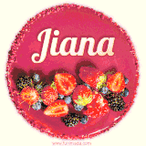 Beautifully decorated red velvet berry birthday cake with vibrant fruits and a glowing 'Jiana' name, adding a touch of sweetness and sparkle.