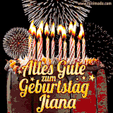 A chocolate birthday cake with glowing candles, the German text 'Alles Gute zum Geburtstag Jiana,' and vibrant fireworks lighting up the background in an animated GIF.