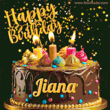 A delightful chocolate birthday cake with bright candles and 'Happy Birthday Jiana' written in gold amidst a shower of animated stars.