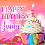 A vibrant birthday GIF featuring a rainbow-colored cupcake topped with white frosting, sprinkles, and a lit candle. The text reads 'Happy Birthday Jiana' in bold pink and violet letters with white outline.