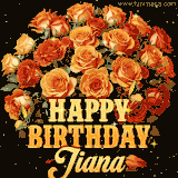 Animated bouquet of orange roses with moving butterfles and golden 'Happy Birthday Jiana' text, surrounded by sparkling accents and a dark backdrop for a luxurious feel.