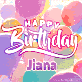 A vibrant name GIF featuring colorful balloons in shades of pink, orange, and yellow with the bold text 'Happy Birthday Jiana' in festive fonts, creating a lively birthday vibe.