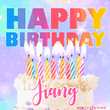 A vibrant animated name GIF with the words 'Happy Birthday Jiang' with colorful candles on a creamy cake. The background sparkles with pastel shades, adding a festive touch.