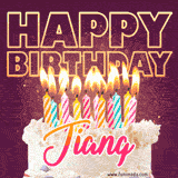 A colorful birthday cake topped with lit candles, with the words 'Happy Birthday Jiang' in bold glowing letters on a burgundy background. Animated flames add a festive touch.