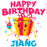 A vibrant and funny gift box character with a happy face dancing with a cupcake and the text 'Happy Birthday Jiang,' surrounded by animated confetti and party vibes.