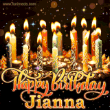 A glowing personalized birthday GIF with name Jianna featuring lit candles with intricate designs, warm lighting, and the text 'Happy Birthday' in an elegant font.