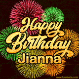 Golden text reading 'Happy Birthday Jianna' surrounded by vibrant fireworks in red, green, and yellow, set against a dark background in this celebratory birthday GIF.