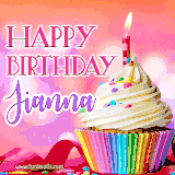 A vibrant birthday GIF featuring a rainbow-colored cupcake topped with white frosting, sprinkles, and a lit candle. The text reads 'Happy Birthday Jianna' in bold pink and violet letters with white outline.
