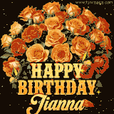 Animated bouquet of orange roses with moving butterfles and golden 'Happy Birthday Jianna' text, surrounded by sparkling accents and a dark backdrop for a luxurious feel.